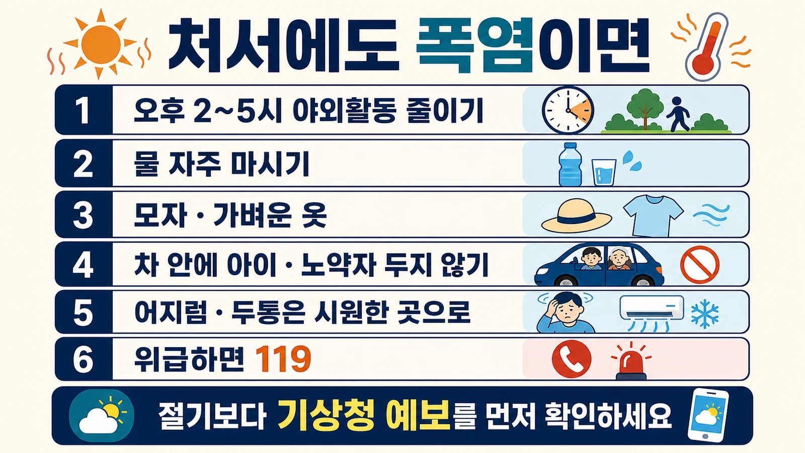처서에도 폭염일 때 오후 2시부터 5시 야외활동 물 모자 차량 안전 119 행동요령