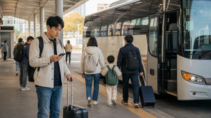 추석을 앞둔 한국 고속버스터미널에서 휴대전화로 예매 정보를 확인하며 버스에 탑승하는 여행객