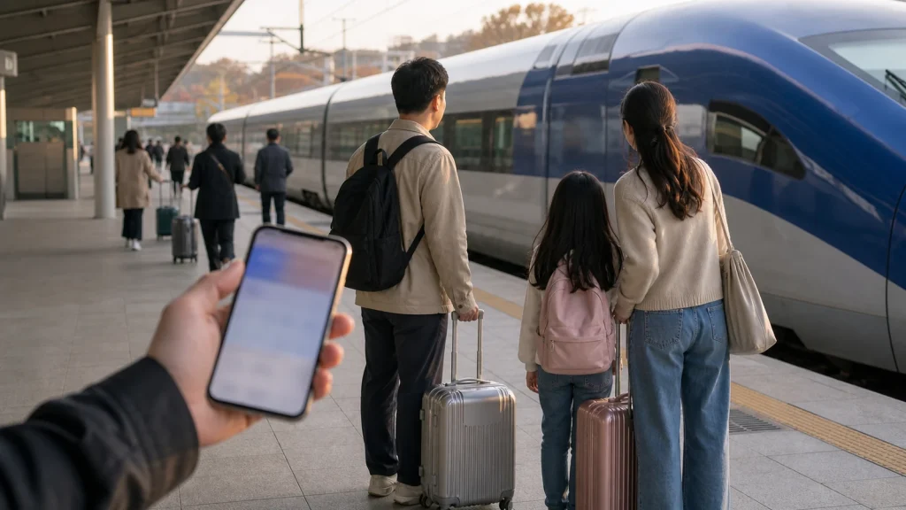 추석을 앞두고 한국 고속철도 승강장에서 휴대전화로 기차표를 확인하는 가족 여행객