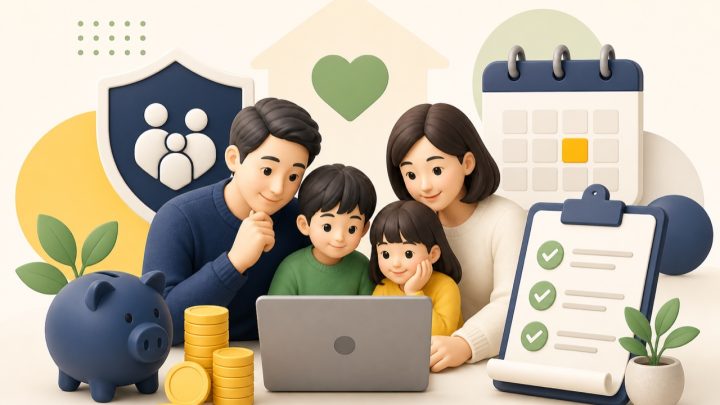 근로·자녀장려금을 확인하는 가족과 노트북·돼지저금통·마감 달력