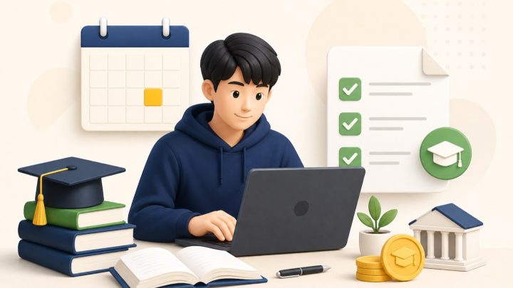 노트북으로 2026 국가장학금 2차를 신청하는 대학생과 마감일 달력