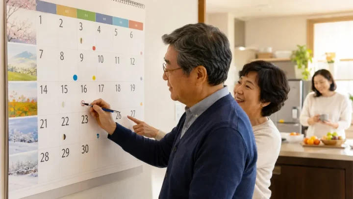 큰 글씨 달력에 2027년 가족 일정과 공휴일을 표시하는 모습