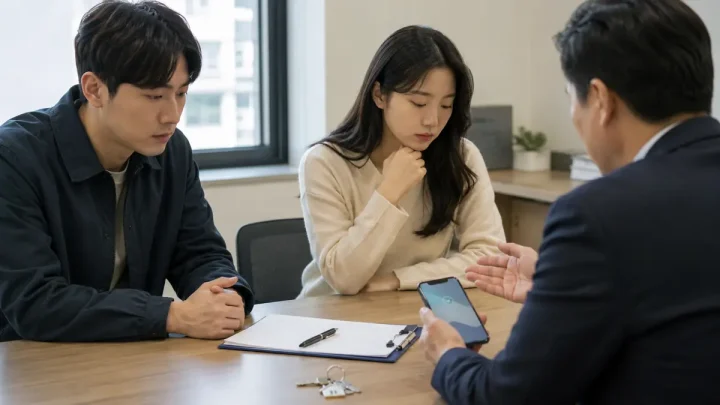 취소된 전세계약의 계약금 반환과 중개보수를 협의하는 모습