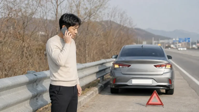 자동차 사고 후 보험사 사고접수와 긴급출동 전화를 하는 운전자