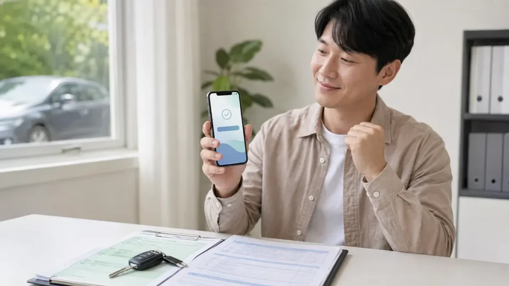 자동차 매매와 말소 서류를 놓고 휴대전화로 보험료와 자동차세 환급을 확인하는 차주