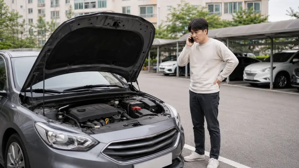 시동이 걸리지 않는 자동차 옆에서 긴급출동을 요청하는 운전자