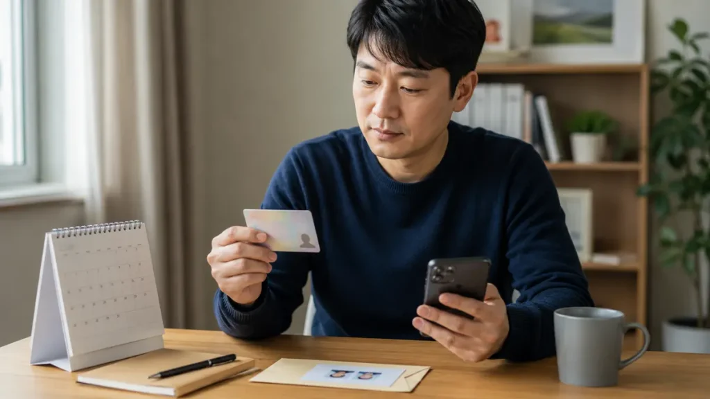 운전면허증과 달력을 놓고 휴대전화로 갱신기간을 확인하는 운전자