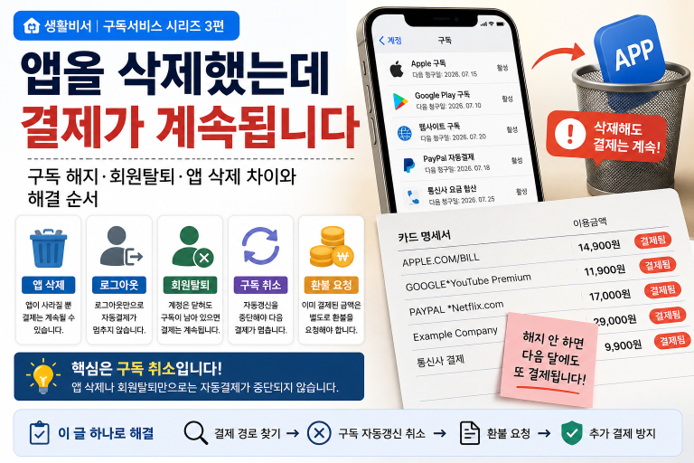 앱을 삭제했는데 결제가 계속됩니다: 구독 해지·회원탈퇴·앱 삭제 차이와 해결 순서