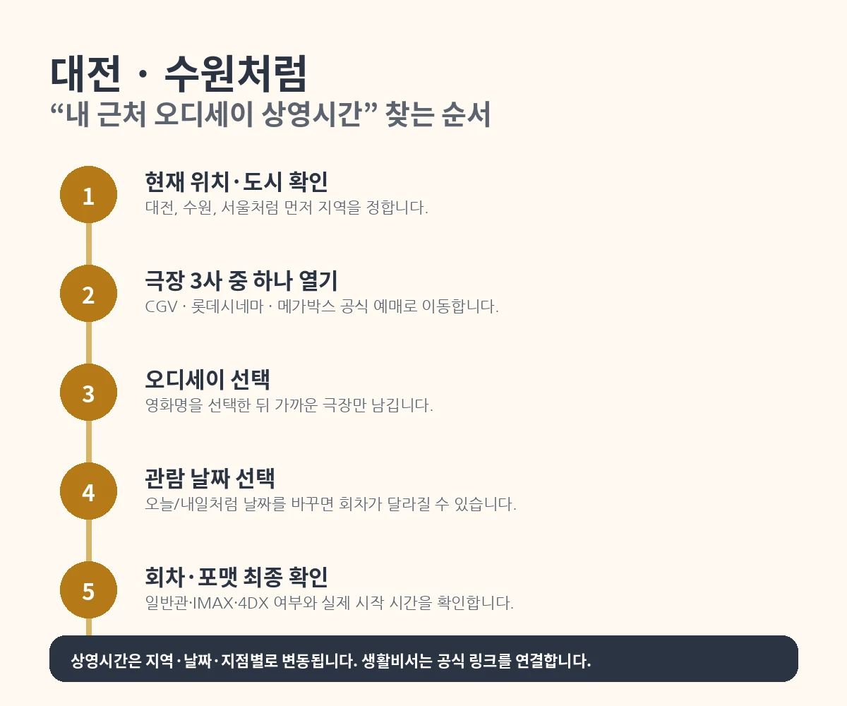 대전 수원 등 내 근처 오디세이 상영시간표 지역별 극장 회차 확인 순서
