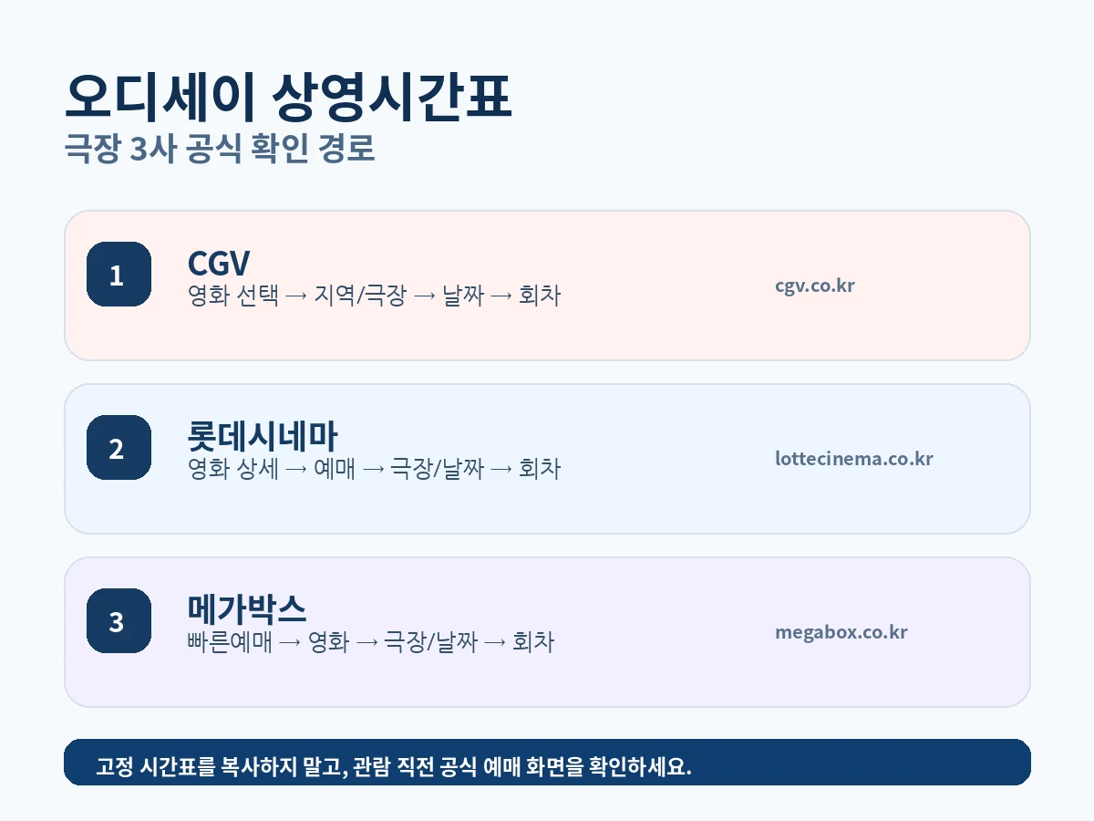 오디세이 상영시간표 CGV 롯데시네마 메가박스 공식 예매 확인 경로