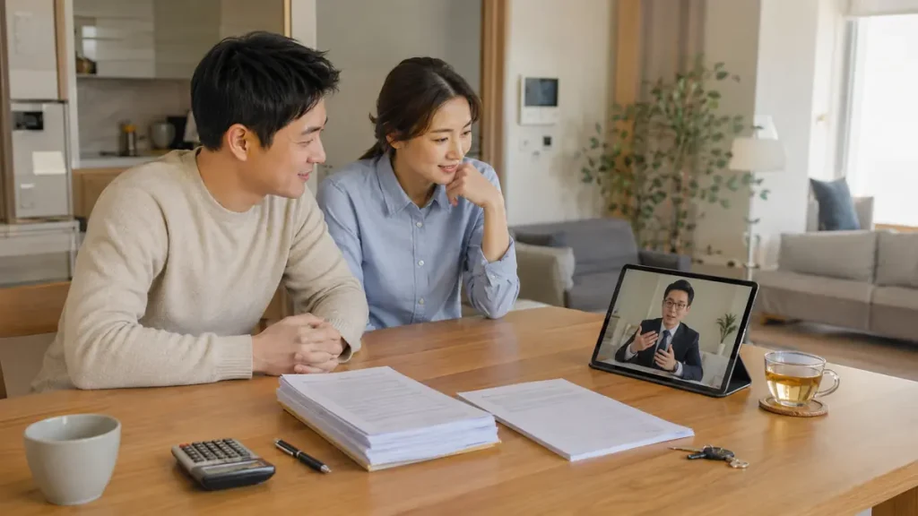 같은 집 전세계약 갱신 서류와 중개보수를 확인하는 부부