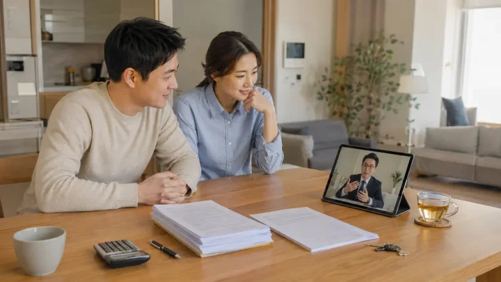 같은 집 전세계약 갱신 서류와 중개보수를 확인하는 부부