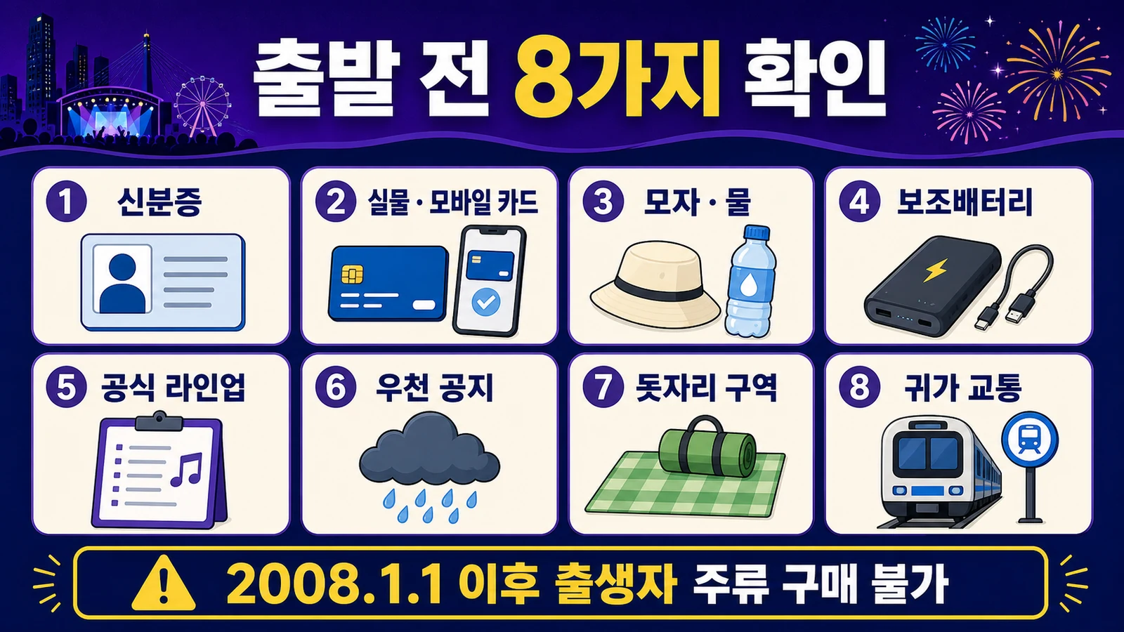 송도맥주축제 출발 전 신분증 카드 물 보조배터리 라인업 우천 돗자리 귀가 교통 확인
